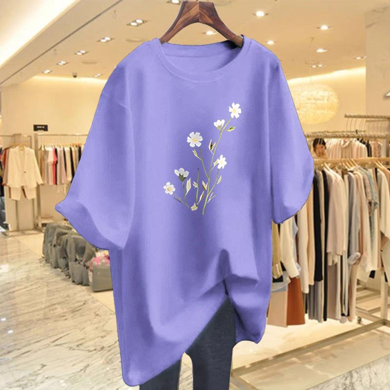 Cotton white short-sleeved t-shirt women's summer new flower print crew neck loose top bottoming shirt