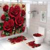 4 Stück Elegante Rote Rose Wasserdichter Duschvorhang mit 12 Haken Rutschfester Badteppich WC U-Form Matte WC-Deckelbezug Pad