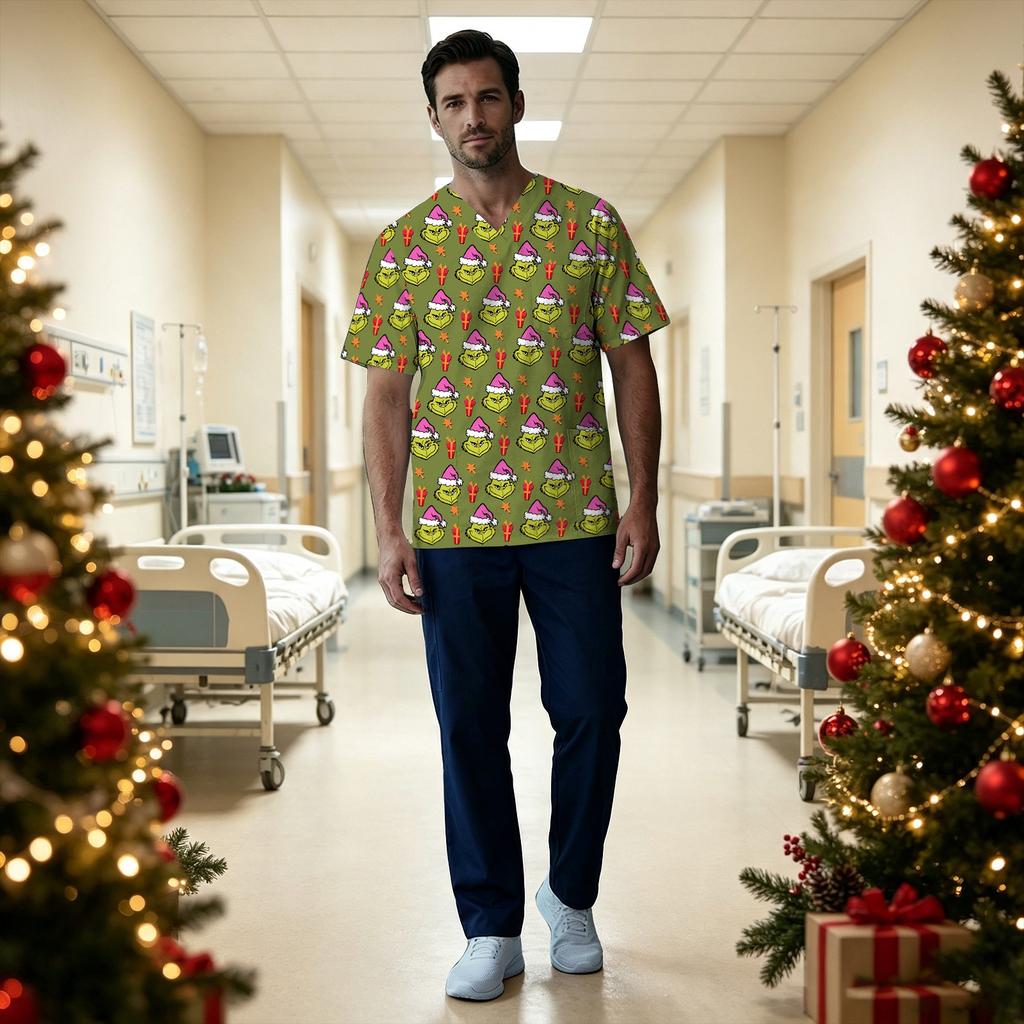 Men's Short Sleeve V-Neck Christmas Print Uniform Top with Chest Pocket