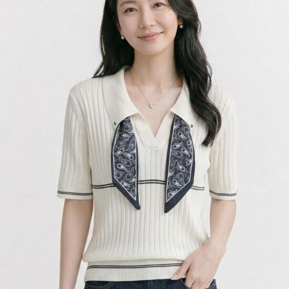 Navava Women Ribbed Scarf Collar Neck ShorT Sleeve KniT T Nk3630