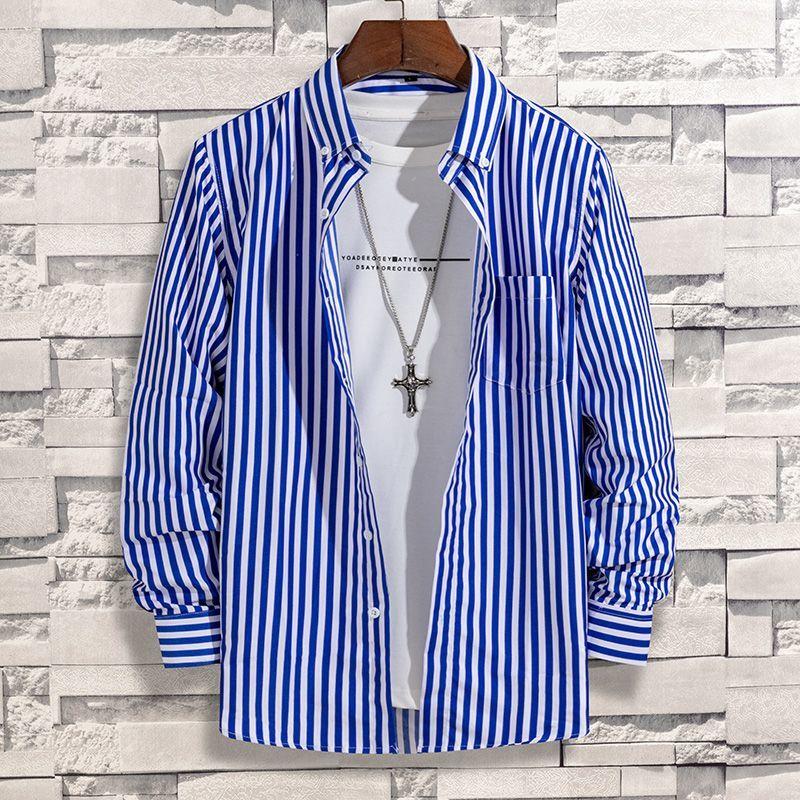 Spring and Autumn Vertical Striped Printed Shirt Men's Middle-aged and Young Comfortable Pocket Long-sleeved Shirt Men