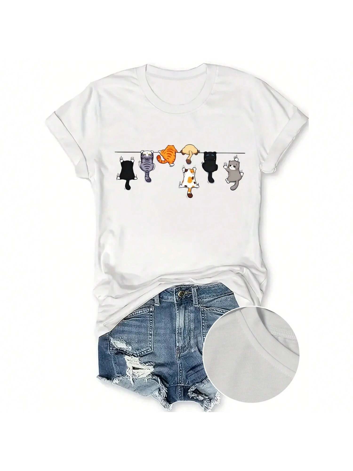 Women s Cute Cat Print T-Shirt Casual Round Neck Short Sleeve Top With Stretch Women Clothing S разноцветный