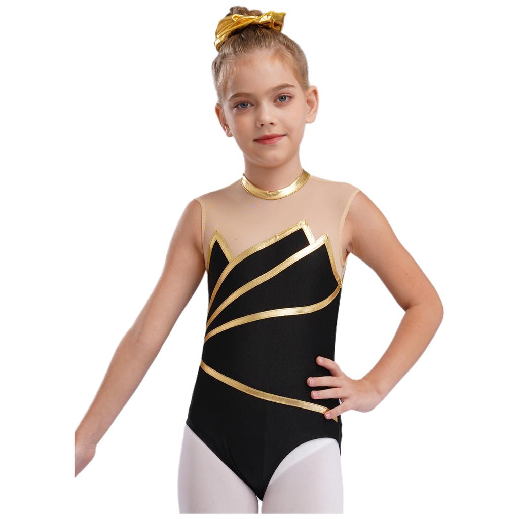Girls Gymnastics Leotard: Metallic Striped Sheer Mesh Patchwork Keyhole Back Sleeveless Bodysuit for Dance Performance