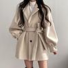Vintage vlněný kabát Dámský podzimní zimní Kabát s lucernovými rukávy a klopami Dámská Korejská móda Elegantní Pásek Hepburn Styl Overcoat