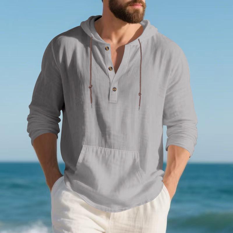 Men Casual Loose Long Sleeve Hooded Linen Blend Henley T Shirt