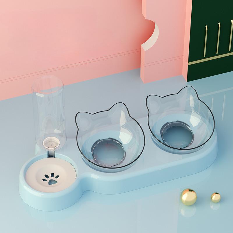 3 Piece Cat Bowl Set Double Food Water Feeder Non Spill Plastic Pet Bowls Grey Transparent Brown Blue Pink Pet Supplies KTY