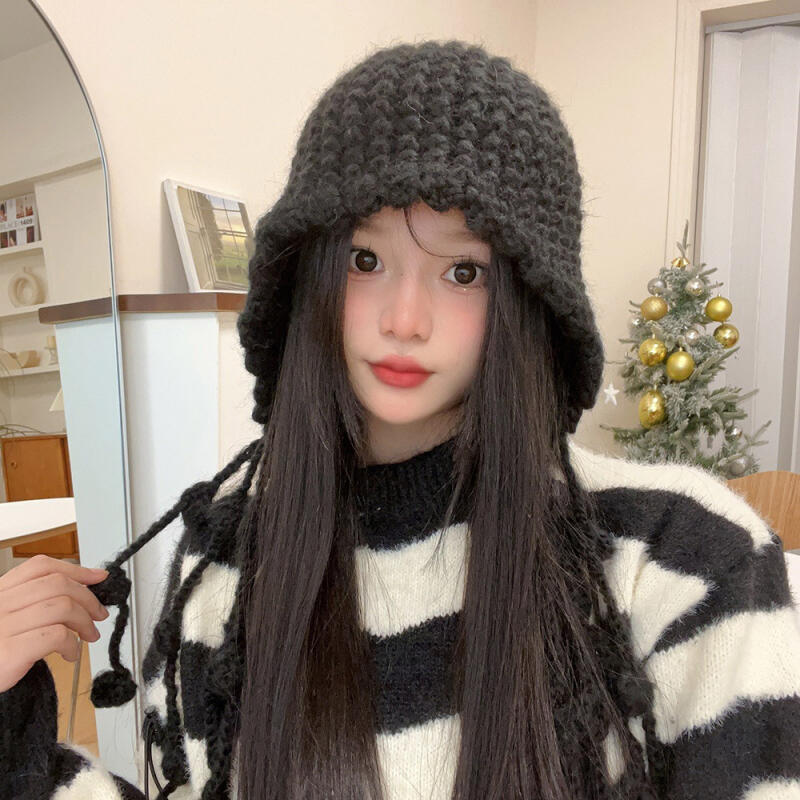 Ricri Knit Strap Bonnet Bucket Hat Knit Bucket Hat brown