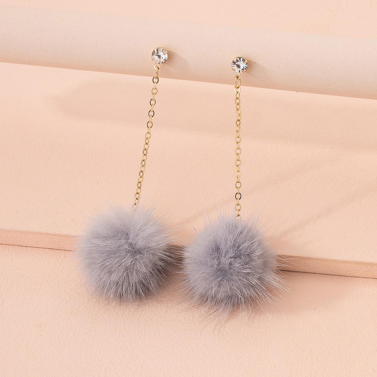 Custom Women s Mink Fur Pom-Pom Dangle Earrings серый