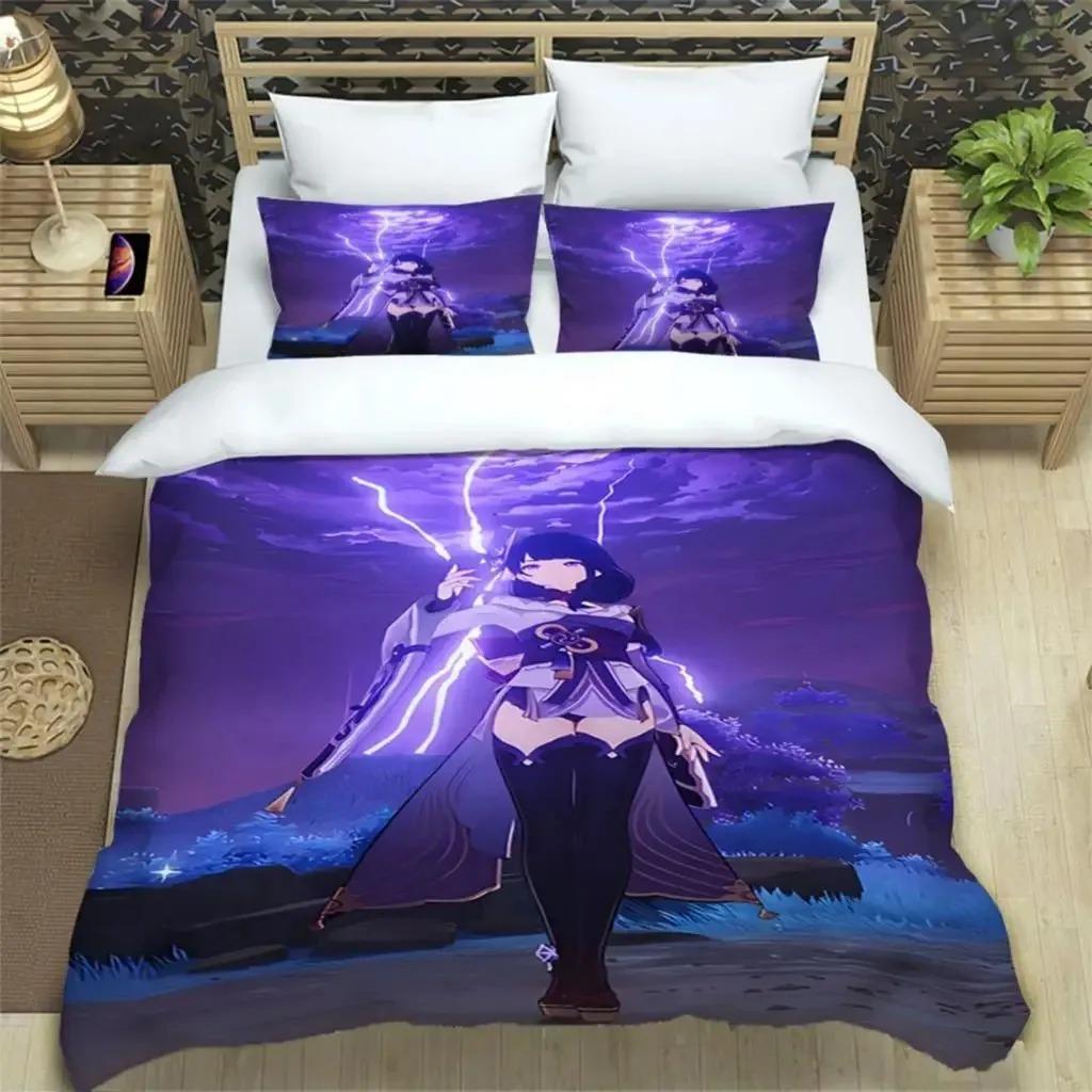 Genshin Impact Print 3 Piece Bedding Set For Boys Adults Quilt Cover Pillowcases Soft Comfortable Fashion Bedding