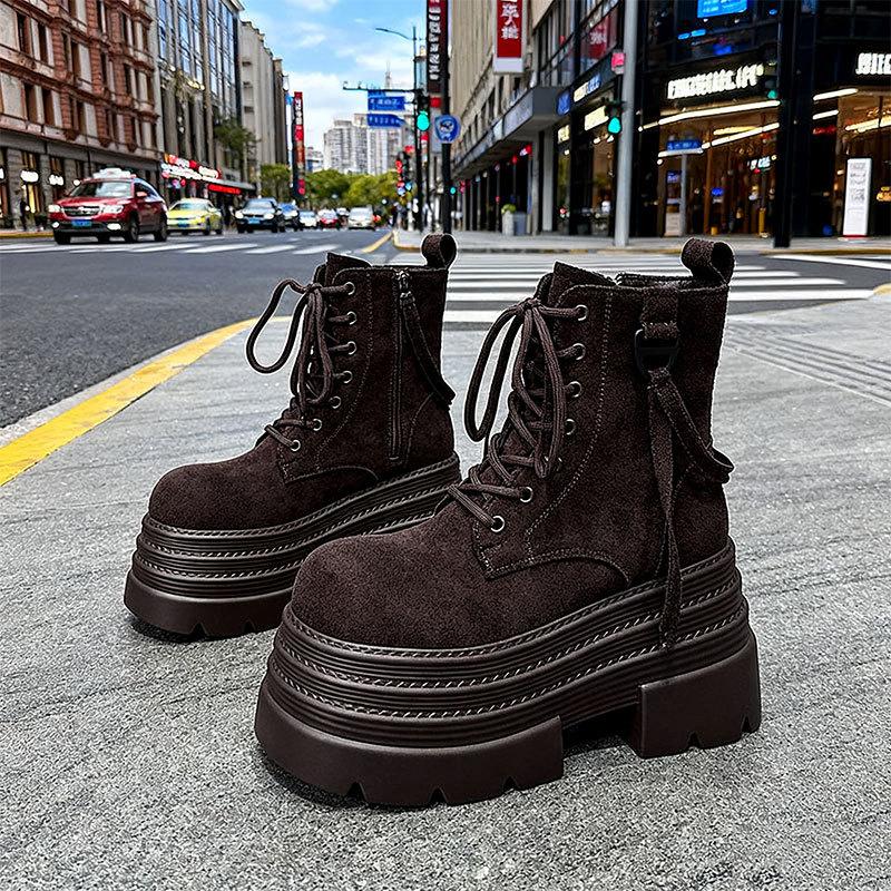 British style small thick heel lace-up Martin boots women's 2025 autumn new round head women's boots retro medium tube short boots