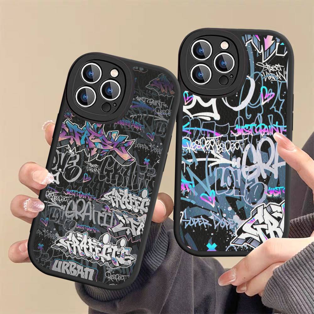 Coole Schwarze Graffiti Leder Handyhülle Für iPhone 16 15 14 17 Pro Max 11 12 Mini Plus Weiche Hülle