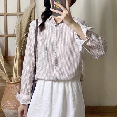 Frühling Casual Plaid Damen Tops Blusen Vintage Plaid Lose Umlegekragen Weibliche Shirts