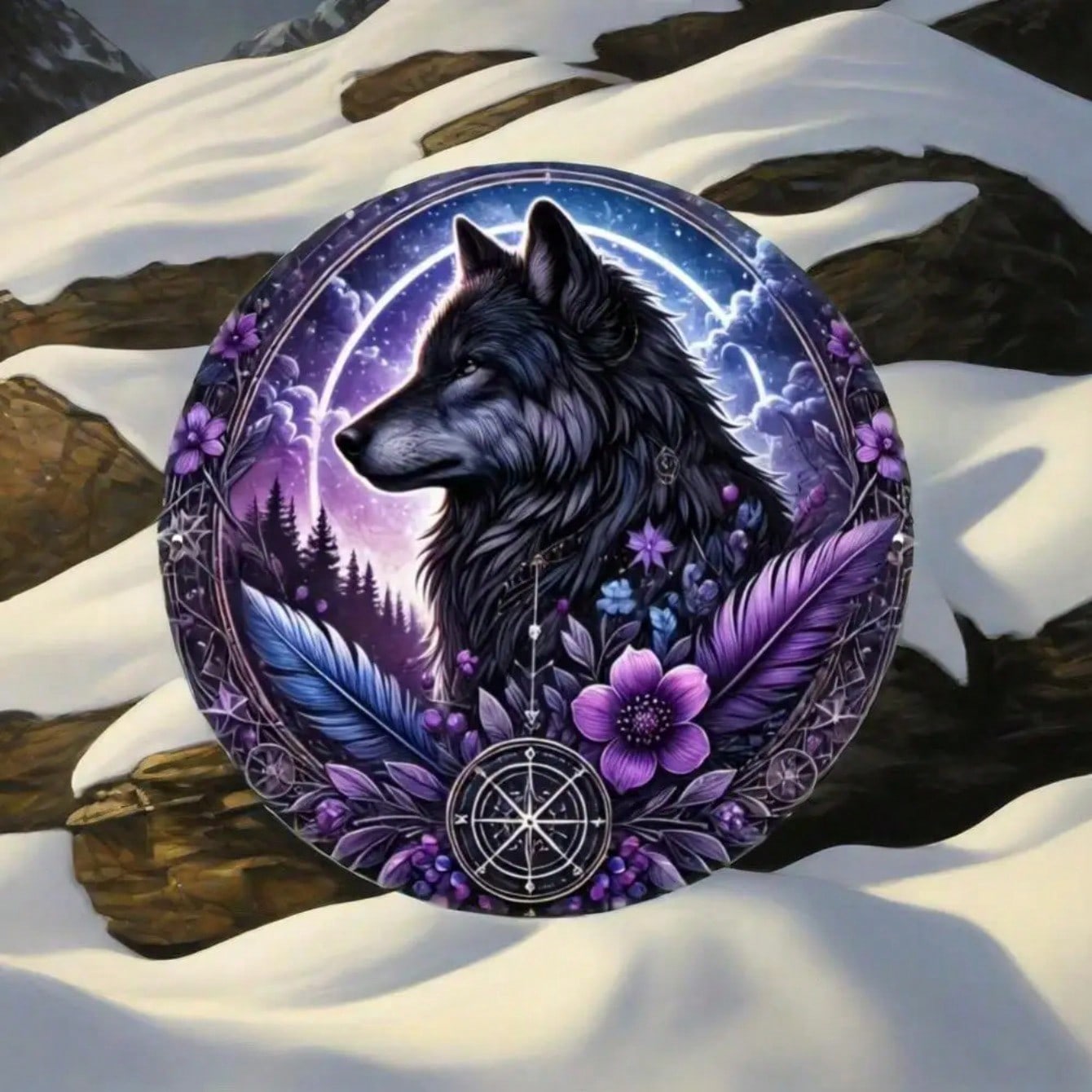 Metal Wolf King Wall Art Embossed Floral Starry Night Moonlit Forest разноцветный