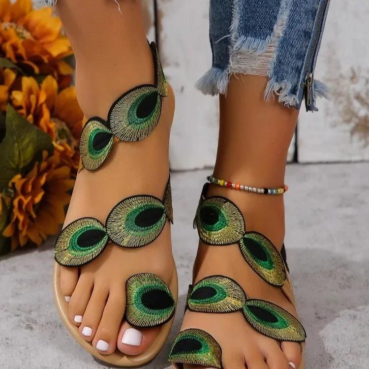 Fashion Yellow Embroidered Faux Flower Fashion Sandals Peacock Flat Plus Size 43 Summer Outdoor Beach Shoes Travel Mom Shoes