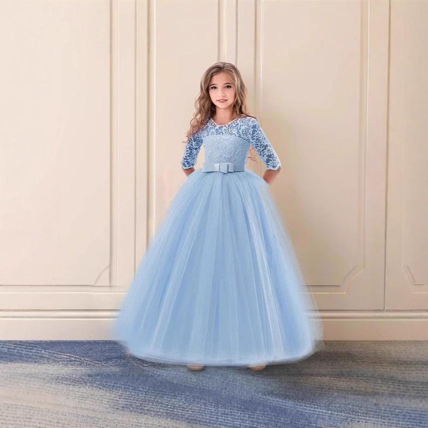 Vestito da Esibizione Gonfio per Bambina - Manica Corta, Manica a Tre Quarti, Vestito Principessa in Pizzo per Matrimoni e Compleanni