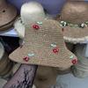 Cherry Straw Hat Women's Summer Seaside Beach Vacation Big Brim Shading Age Reduction Sweet Foldable Straw Bucket Hat