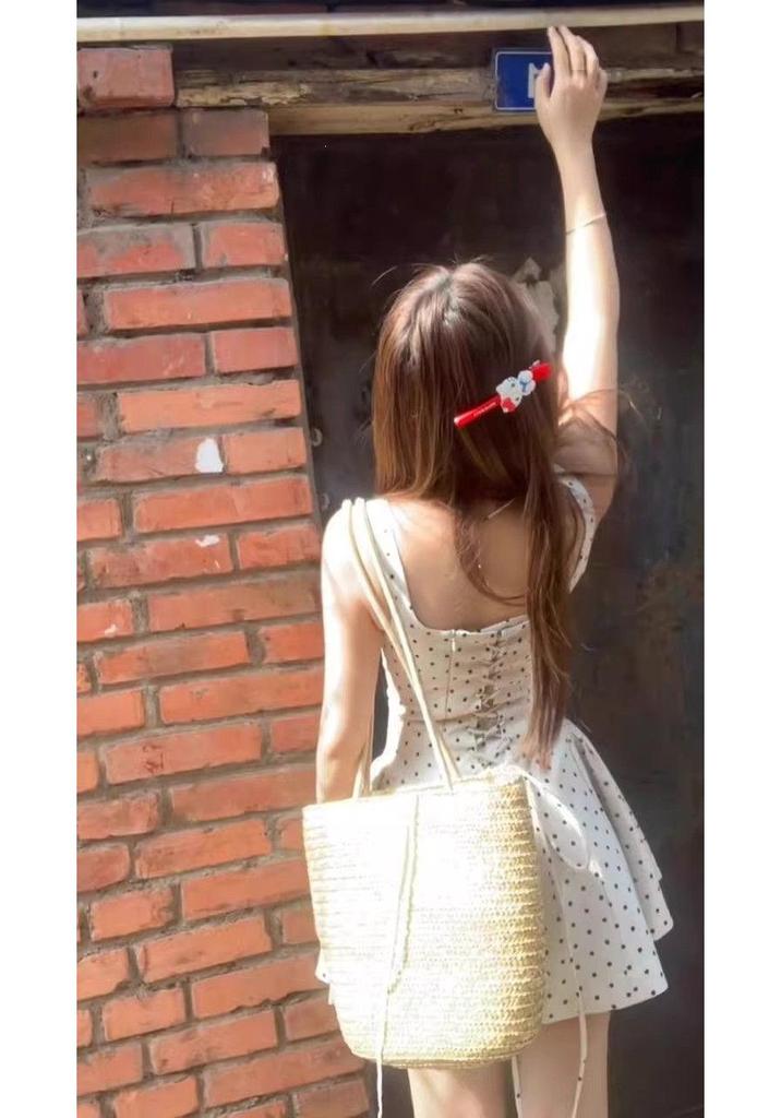 French Retro Apricot Polka Dot Spaghetti Strap Dress for Women - A-line, Waist-cinching Flared Short Skirt (2026 Style).