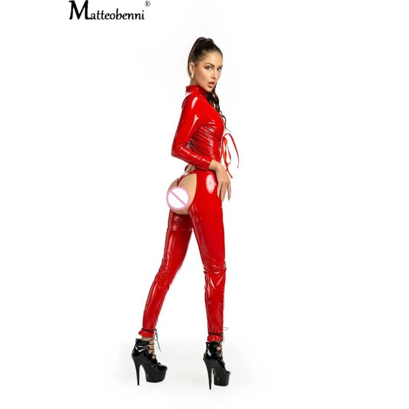 Women Sexy Hollow Out Latex Catsuit PVC Faux Leather Wetlook Jumpsuit Hot Exotic Costume Lingerie PU Bodysuit Clubwear Overalls