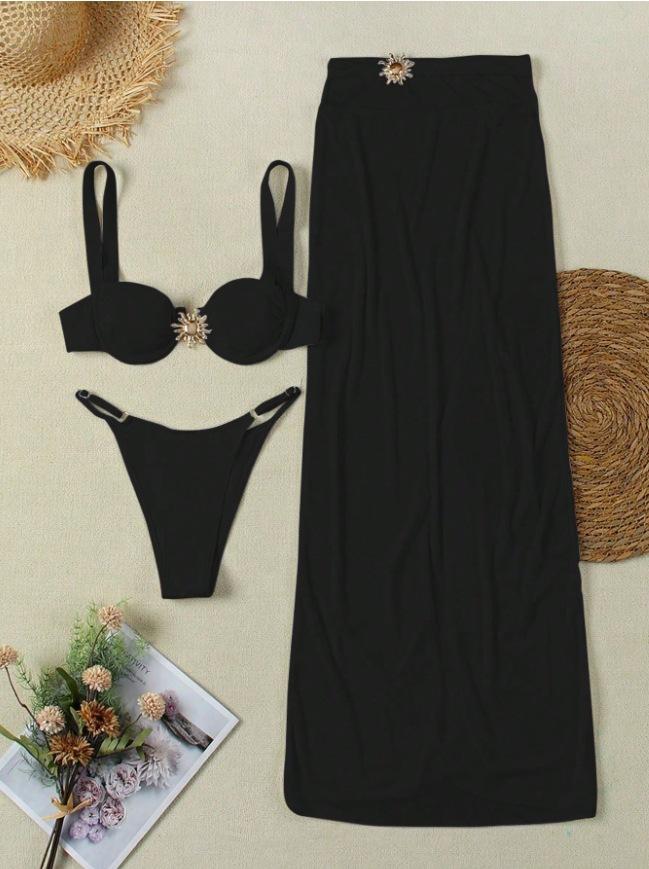 

New three-piece swimsuit straps sexy bikini split swimsuit solid color slim beach skirt L чорний