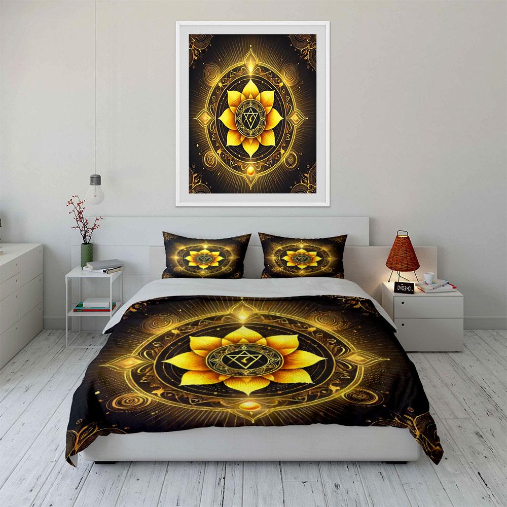 Golden Mandala Meditation Set Decor Bedding Set with 1 Duvet Cover 2 Pillowcases Single Double King Queen, Gift