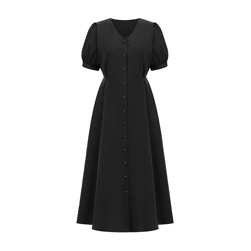 Sally V-Neck Puff Flare Long Dress_I6B-Cop001
