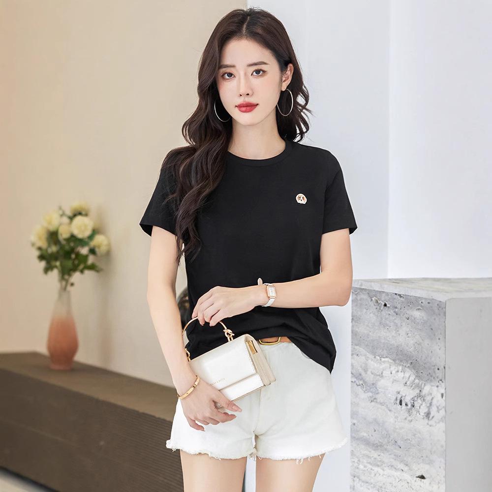 Women's Short Sleeve Embroidered T-shirt - Spring/Summer 2025 Korean Style Slim Fit