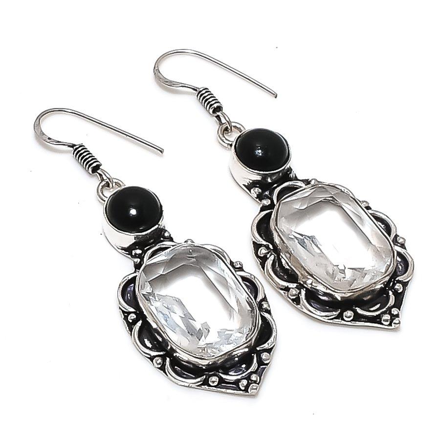 

Белый Топаз, Оникс Драгоценный камень 925 Стерлинговое Серебро Ювелирные Изделия Серьга 2.21