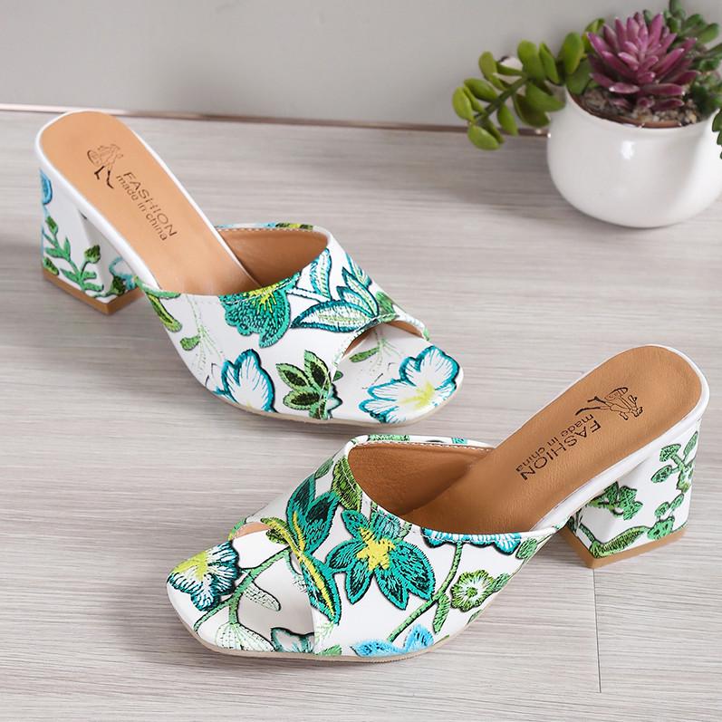 European & American Embroidered Open Toe High Heel Square Toe Sandals - Women's Plus Size, Chunky Heel, One-Strap Fashion Slippers