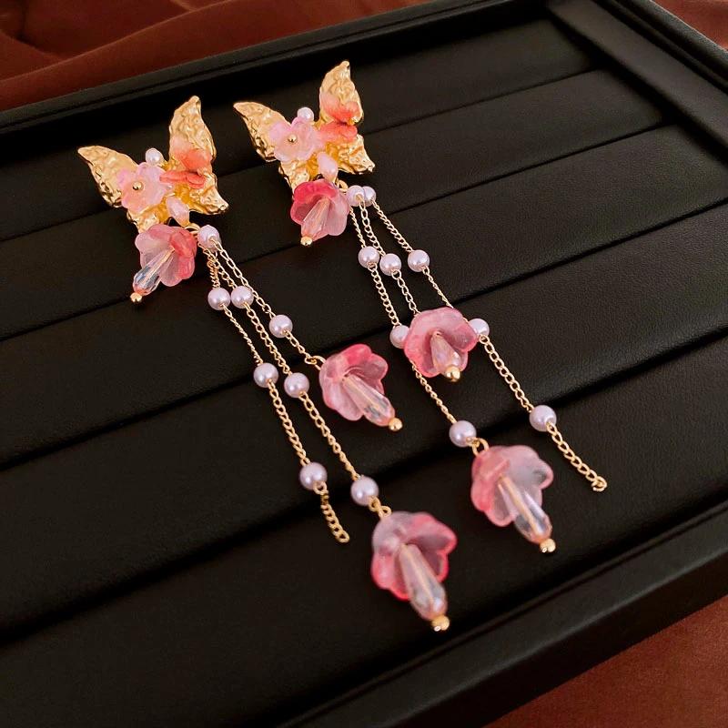 

Pink Yarn Mesh Flowers Tassel Dangle Earrings for Women Sweet Girly Imitation Pearl Pendientes Fairy Lolita Party Ear Decoration