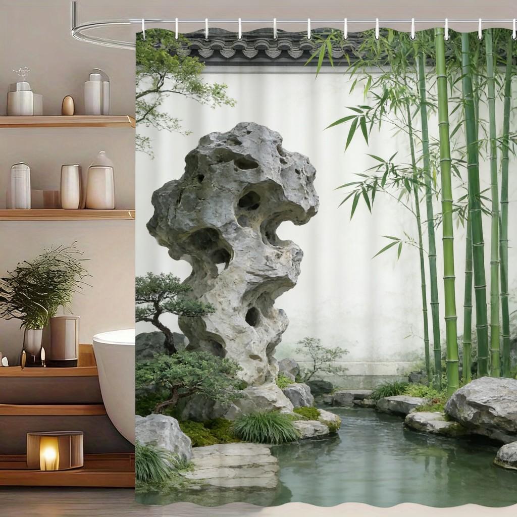 Lush Tropical Rainforest Stream with Giant Monstera Leaves Waterproof Shower Curtain for Bathroom Decor