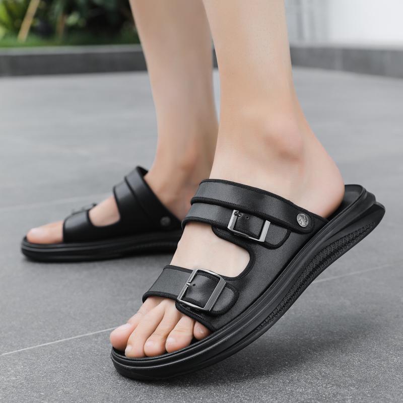 Men's Black Beach Shoes Leather Men Slippers Indoor Office Men Massage Casual Latex Soft Shoes Men Mid Heel Air Cushion Slippers