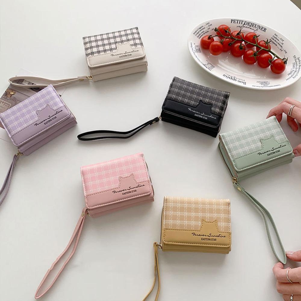 Koreanischer Stil Karomuster Münzbeutel Große Kapazität Hängende Handgelenktasche Geschenk Niedliche Katze Geldbörse Einkaufen