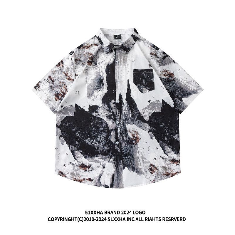 51 Hip Hop Oil Painting Stylish Retro Summer Half Sleeve Shirt Men's Niche Style Hiphop Trendy Lazy Short Sleeve Shirt