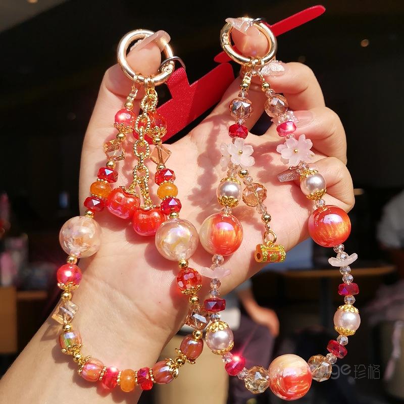 Persimmon safe crystal mobile phone hanging chain ins boutique handmade high-end women's bracelet beaded chain short wrist pendant