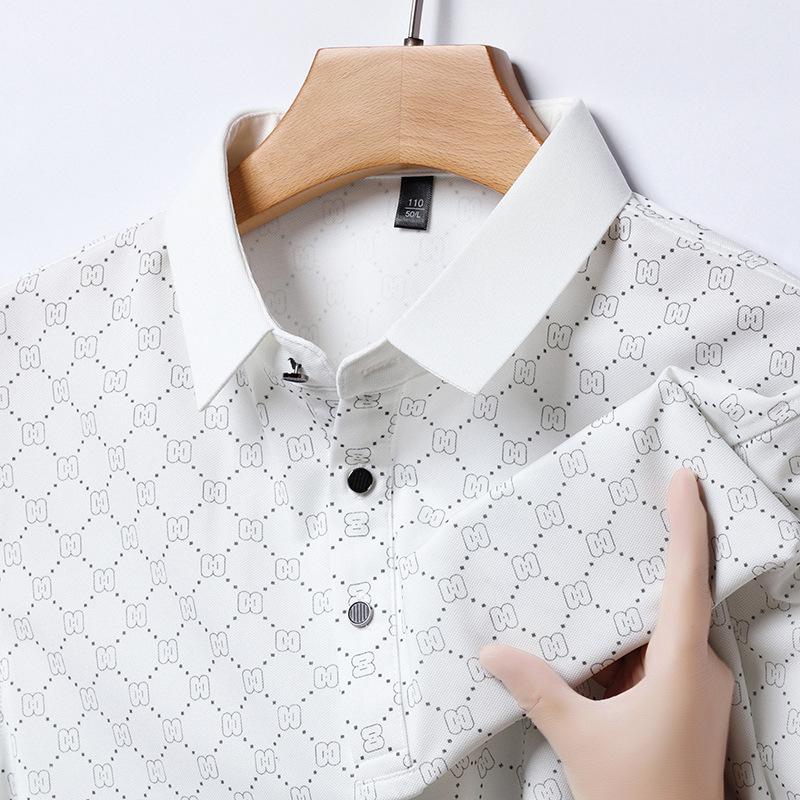 Ice Silk Short-Sleeved Polo Shirt Men'S High-End Trend Printed Thin Lapel Men'S T-Shirt Polo Shirt