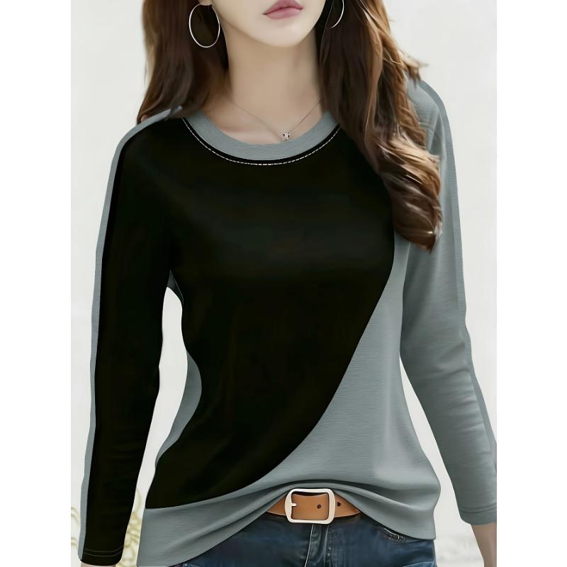 Spring/Autumn Women's Fashion Casual Color Block Patchwork Long-Sleeve T-Shirt