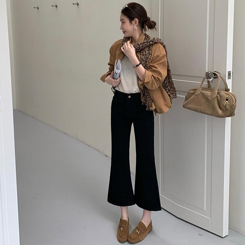 Autumn new white denim nine-point slim-fit flared pants women's leather brand black apricot