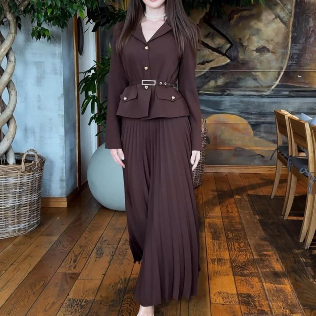 2025 Damsort Chic Bältad Cardigan Kostymjacka & Långklänning Set