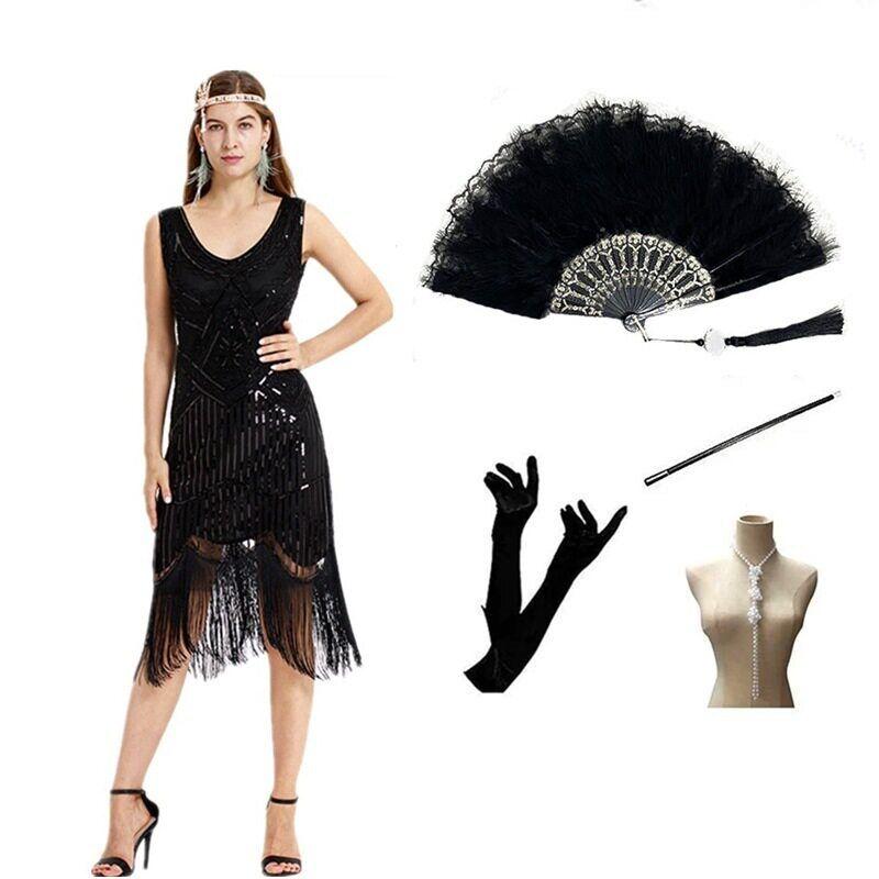 

1920S Gatsby Vintage Plus-Size Elegant Beaded Gown with Tassels and Sequins Pure Black with Accessories XXXL