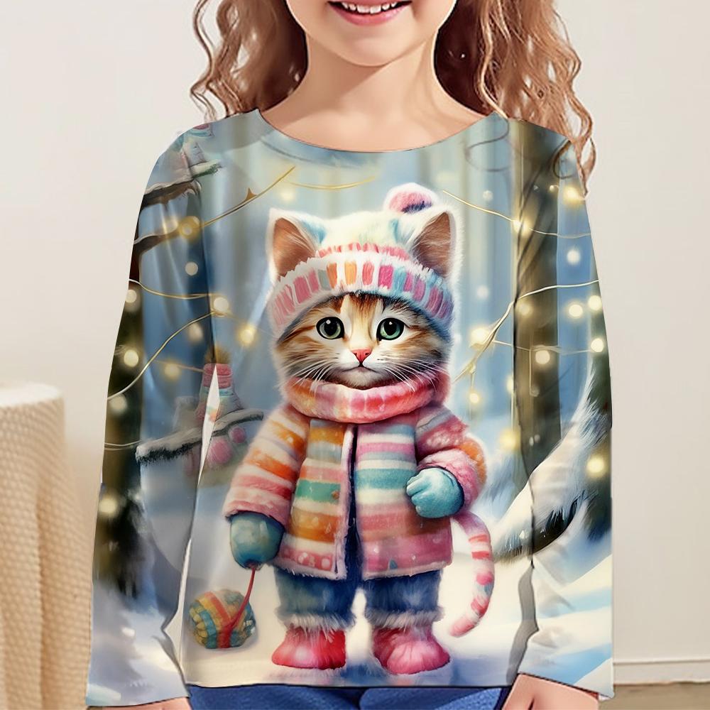 Children's Clothing Long Sleeve Cat Print O-Neck Kids Spring Fall Clothes Fashion Cartoon Girls Clothes T-Shirt Streetwear Tops