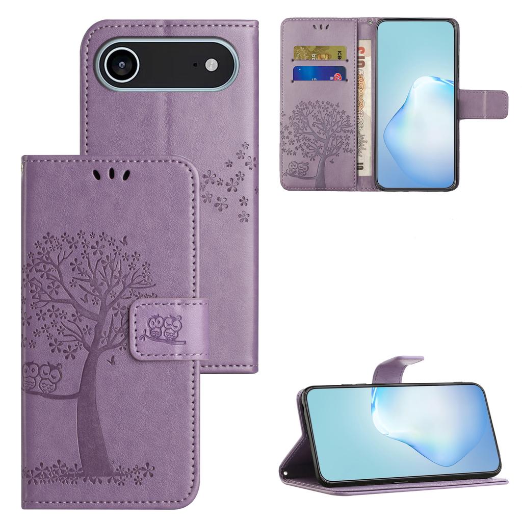 For iPhone 17 Air Case PU Leather Owl Tree Imprinted Wallet Phone Cover with Strap
