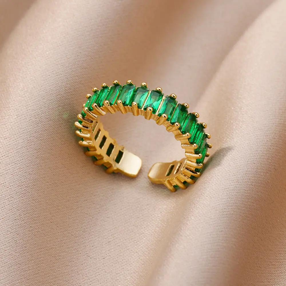Colorful Cubic Zircon Ring for Women Stainless Steel Gold Color Open Ring Vintage Boho Wedding Party Zircon Gift Accessories