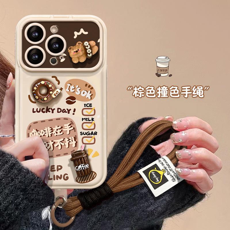Applicable Apple 15promax Coffee Doll Lanyard iPhone14 Flip Mirror 16/13 Silicone 7 Mobile Phone Case