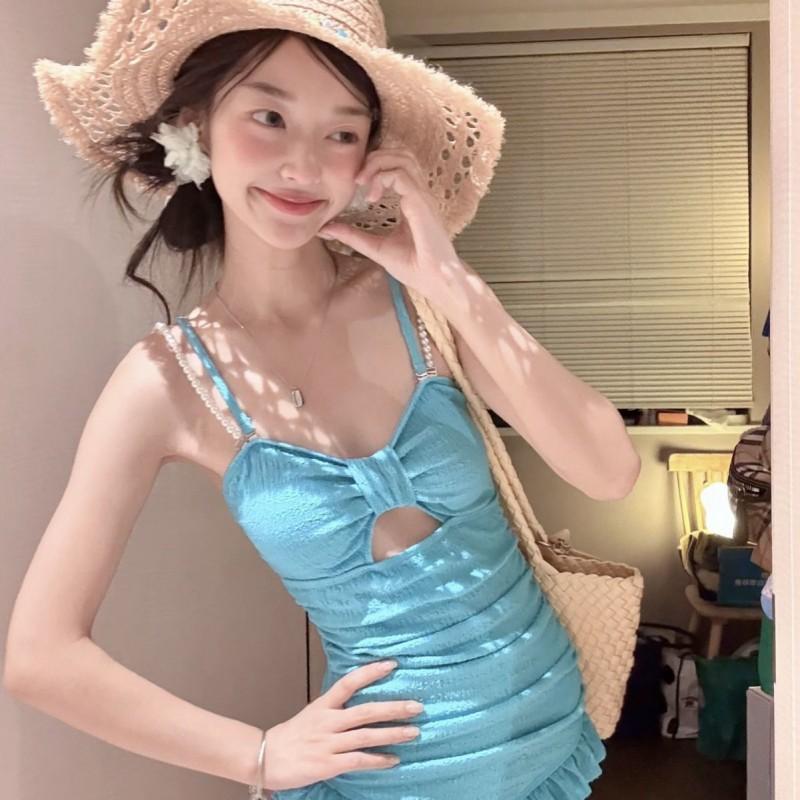 

Pearl One-piece Swimsuit Women White-showing Girl Lace Conservative Slim Slimming Smock Sun-proof Two-piece Set Small Chest Student XL