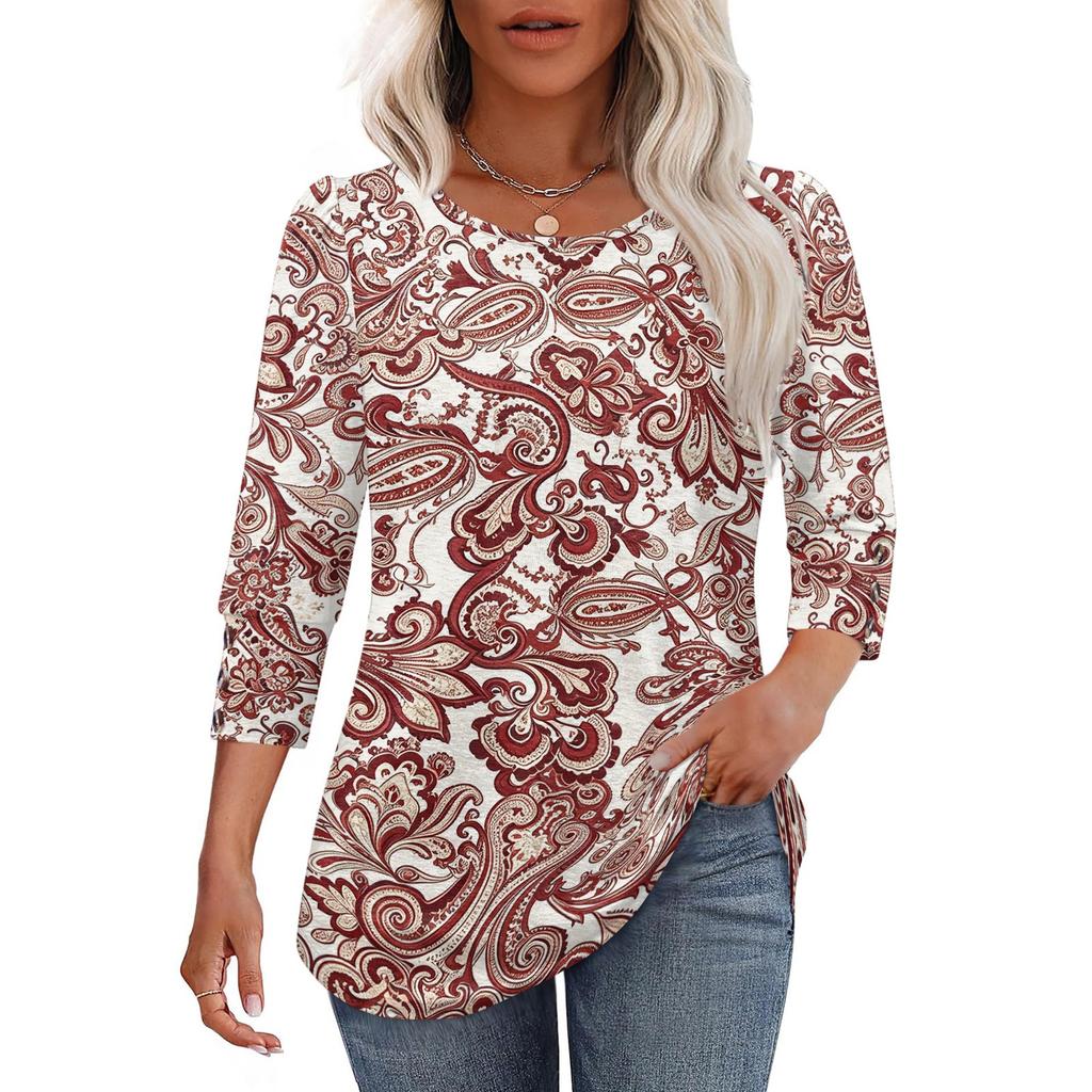 Women's Casual Loose Fit Top Round Neck Three Quarter Sleeve Blouse Button Detail Lightweight Fabric Relaxed Fit