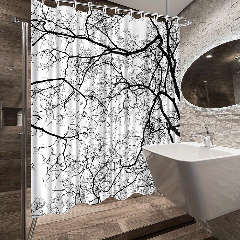 Elegant Minimalist Tree Silhouette Shower Curtain For A Modern Bathroom, Featuring A Bold Black-And-White Design Of Intricate