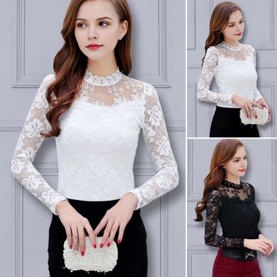 Women Bottoming Tops Stand Collar Long Sleeve Embroidery Lace Floral Pattern Pullover Tops Solid Color