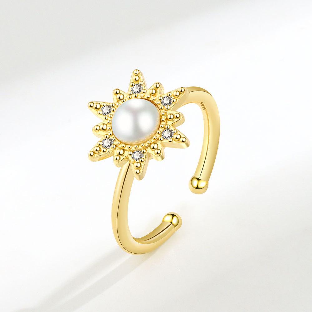 Fashionable Sunflower Pearl Rotating Ring For Women Elegant Spinning Band Jewelry Gift opening adjustable золотой