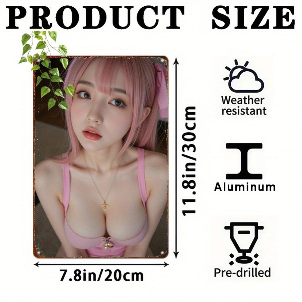 Vintage Anime Metallwandschild, Mädchen mit rosa Haaren 8x12 Zoll Retro Blechkunst, Kein Strom Neon-Stil Dekoration für Zuhause Café Man Cave