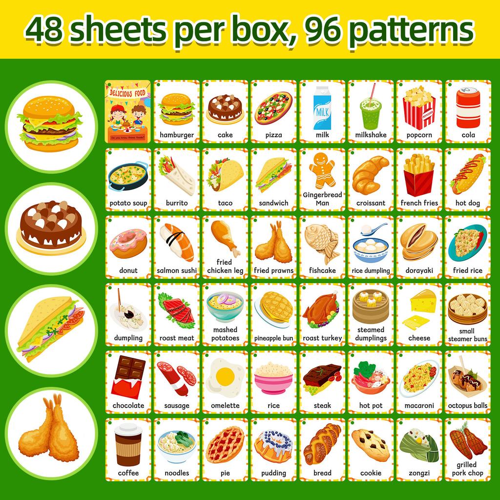 48PCS Food Cognition Flash Cards Children's Early Education Burger Cake Recognition Paper Card English Learning Educational Toys